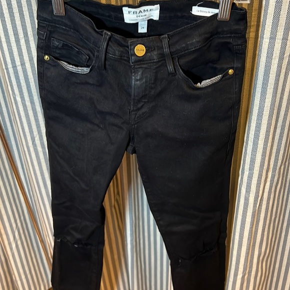 Frame Demin Mid Rise Le Skinny de Jeanne Distressed Black Denim Jean Size 24 - Picture 8 of 15
